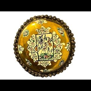 Vintage 1 1/2" round Porcelain brooch handpainted gold leaf and lovely designs